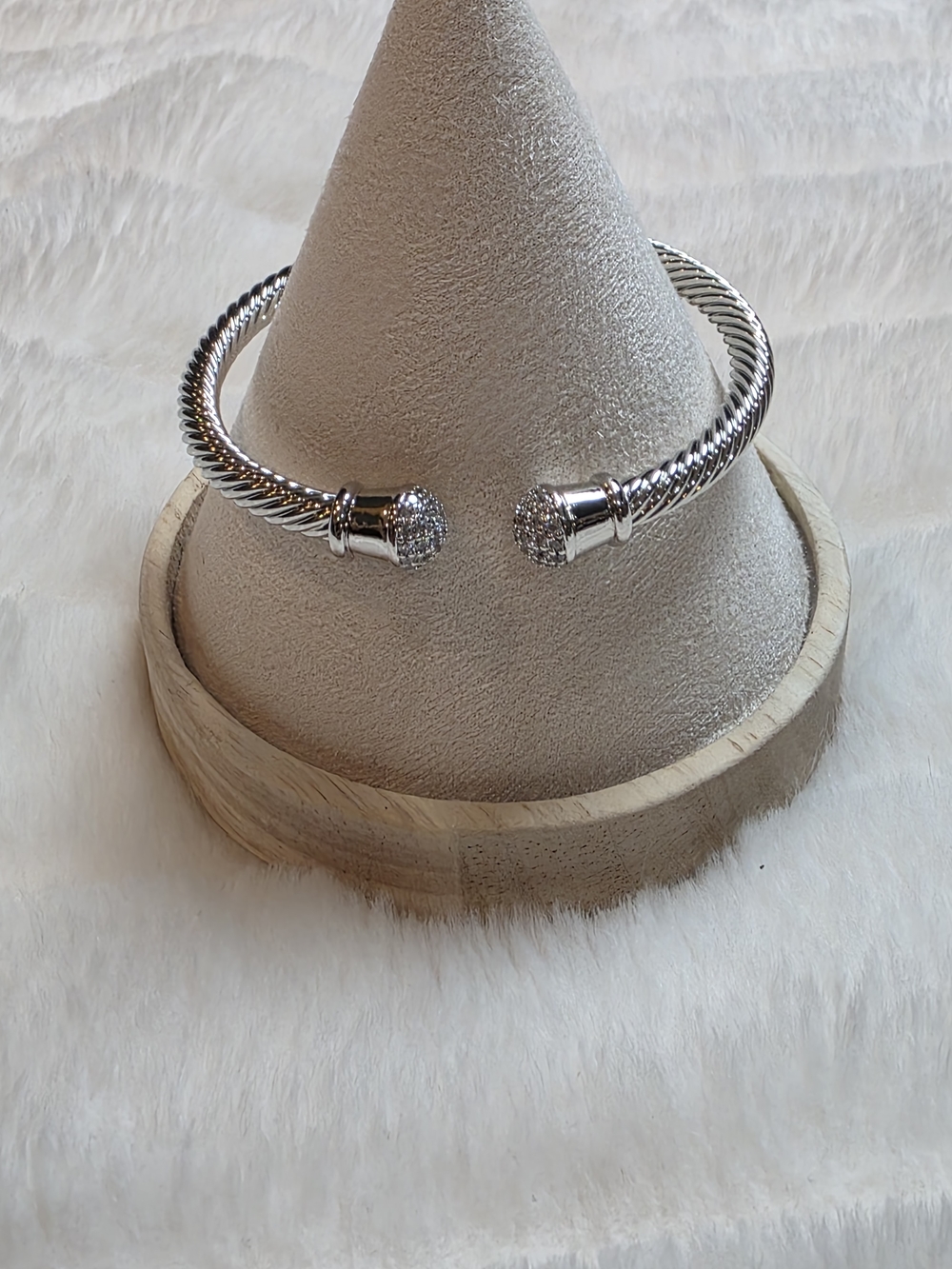 Silver Rope Cable Open Cuff Bracelet with Pavé End Caps